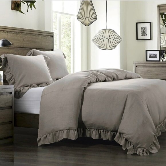 NWT Ruffle Duvet Cover Set King 3 PCs 100% Washed Cotton Gray Solid Bedding - Picture 7 of 8